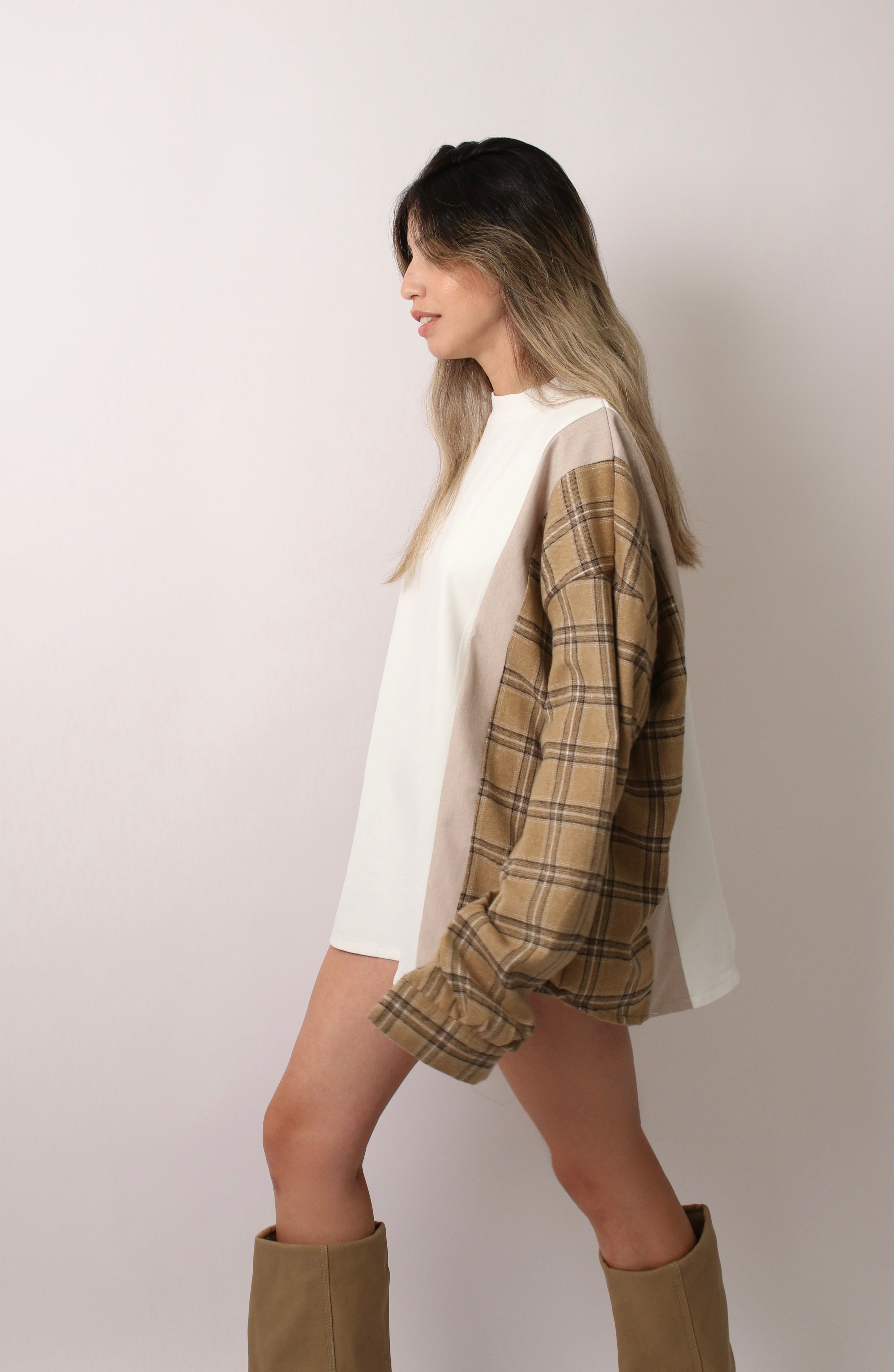 PLAID SLEEVE SHIRT - BROWN