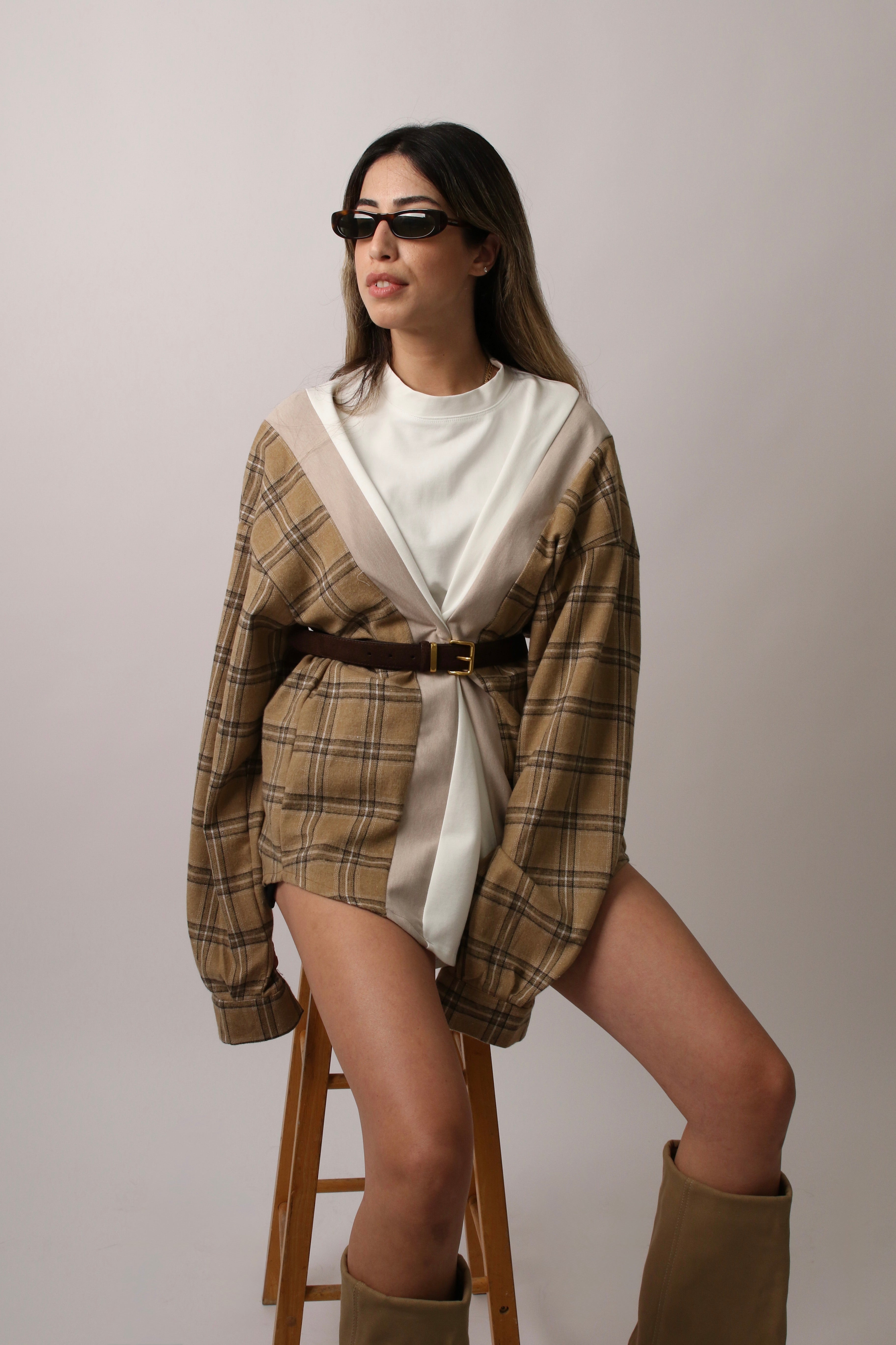 PLAID SLEEVE SHIRT - BROWN