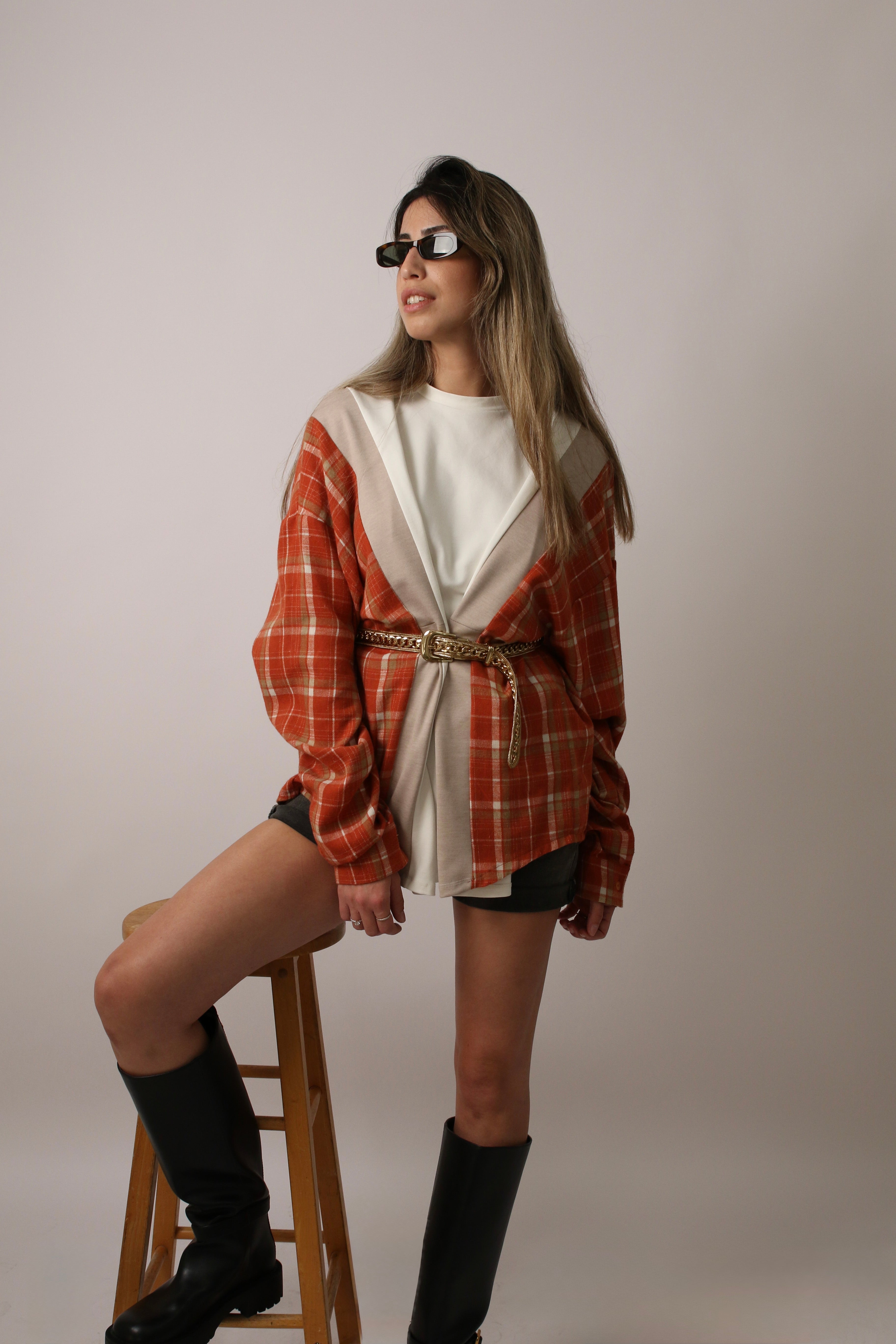 PLAID SLEEVE SHIRT - ORANGE