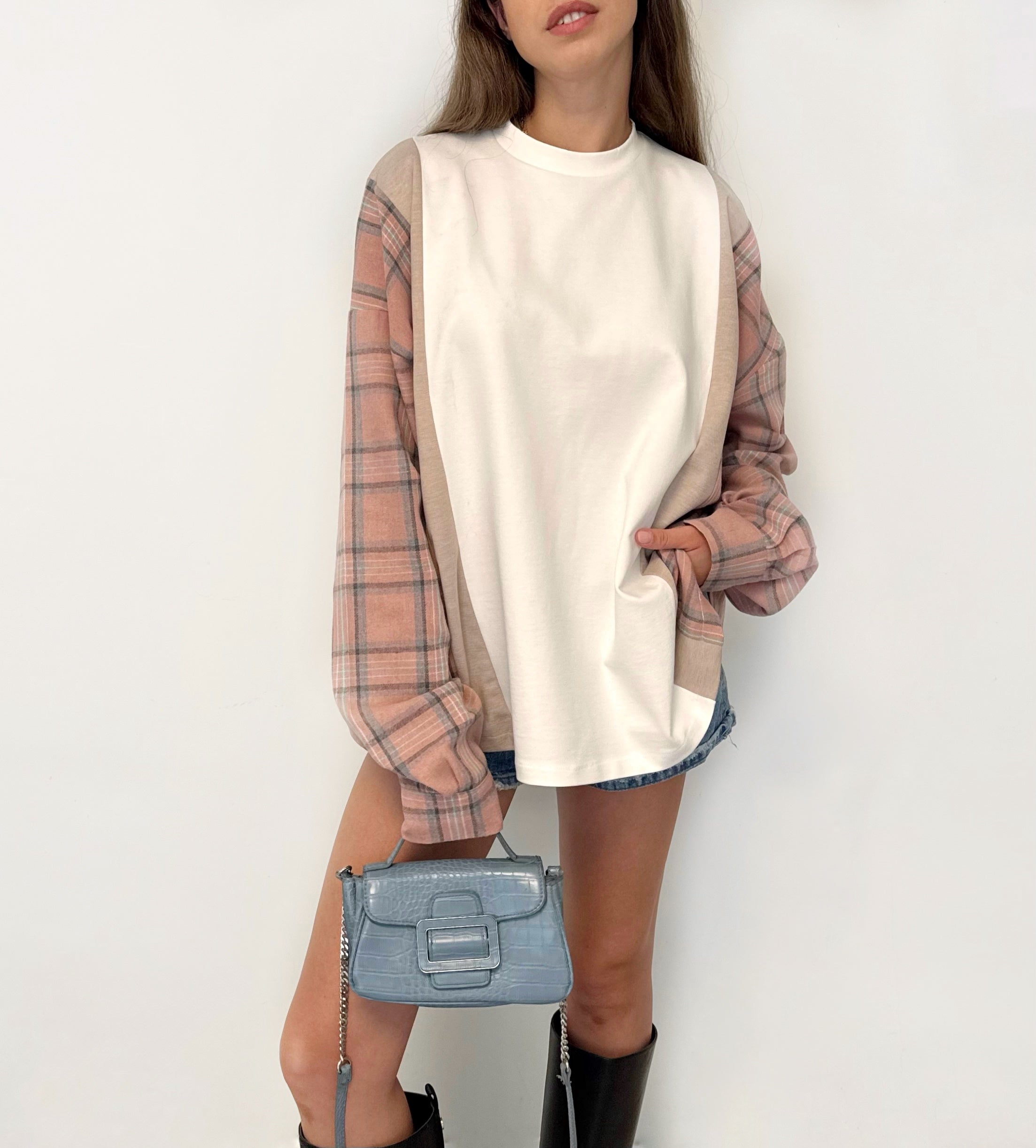 PLAID SLEEVE SHIRT PINK