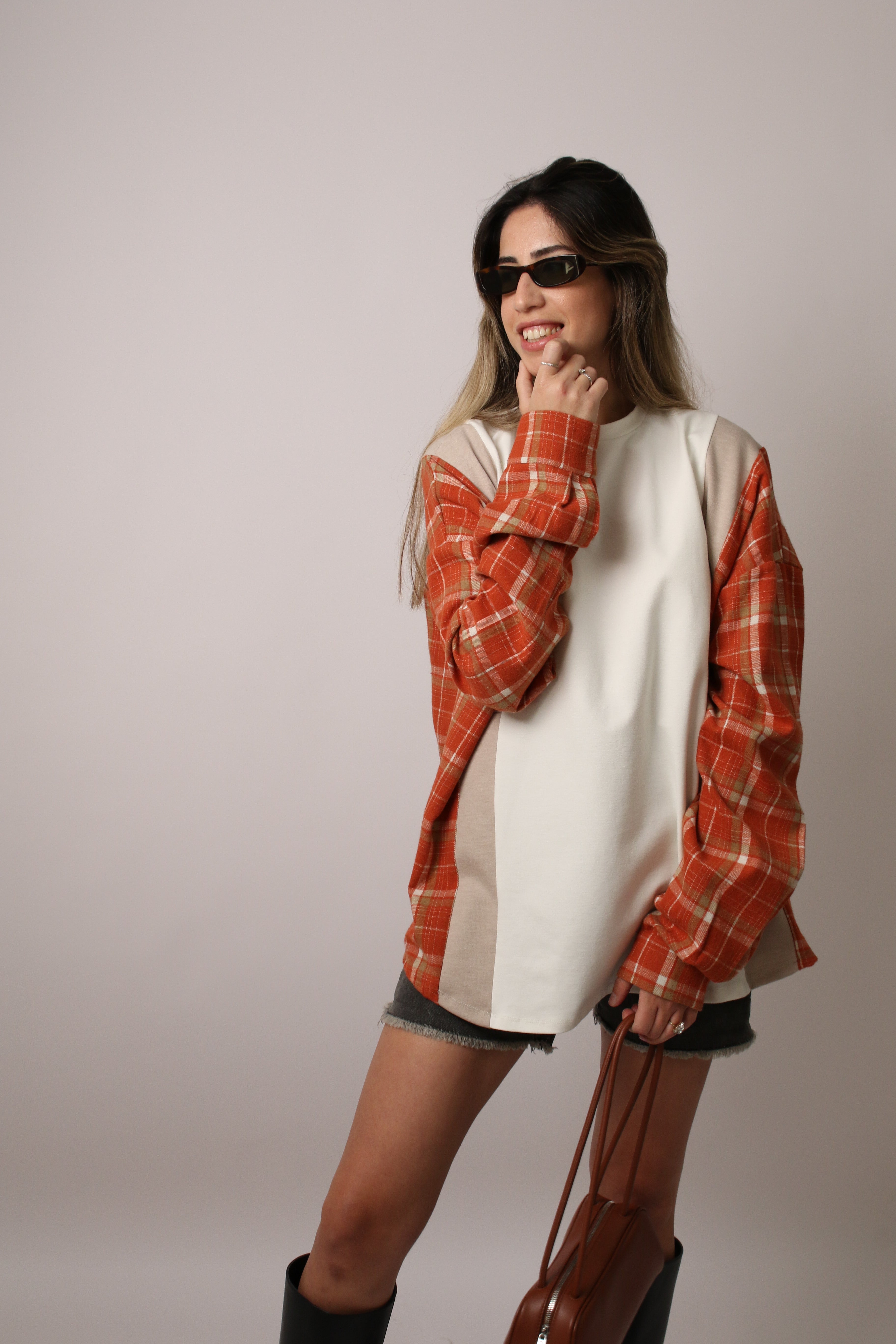 PLAID SLEEVE SHIRT - ORANGE
