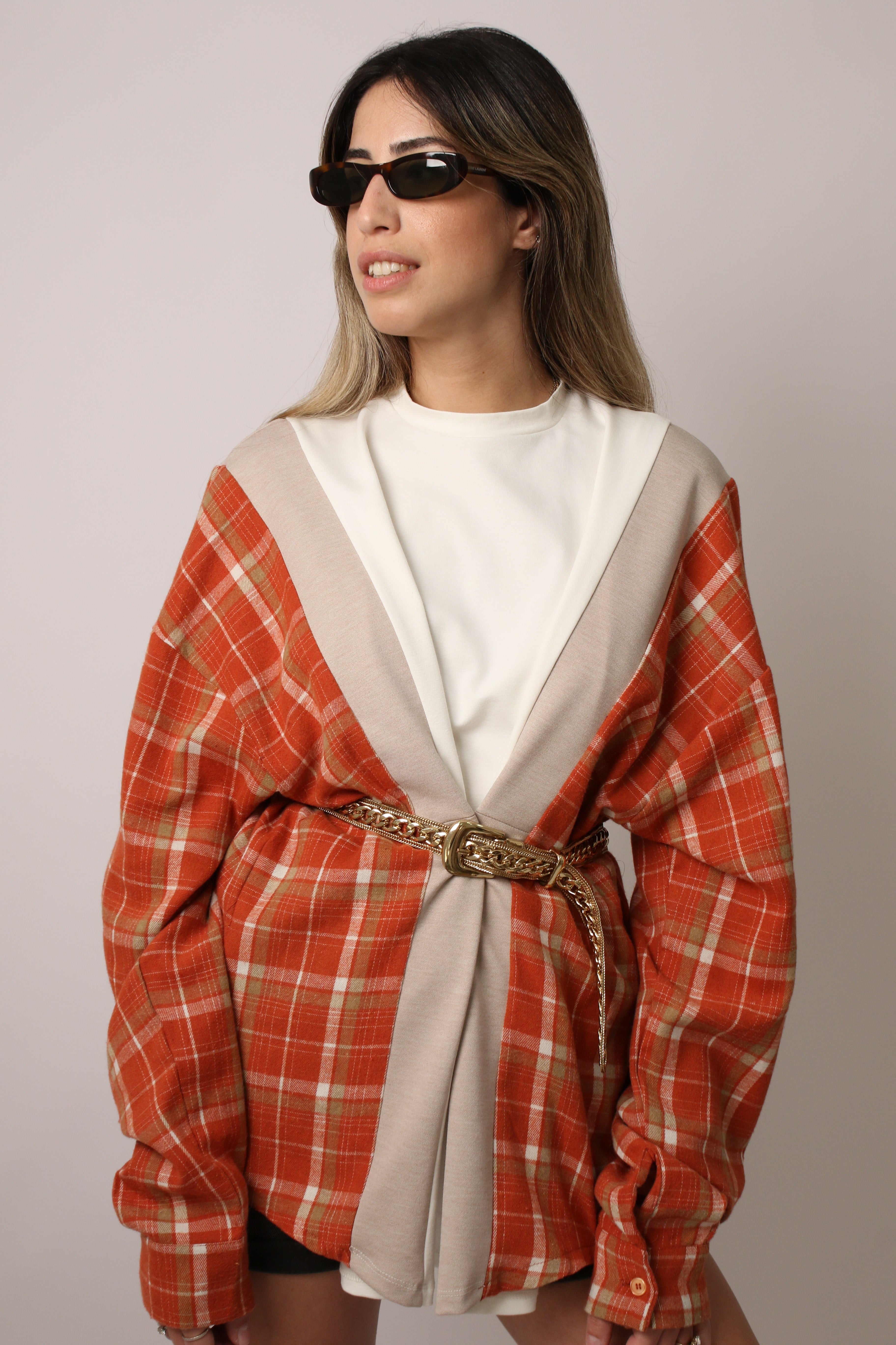 PLAID SLEEVE SHIRT - ORANGE